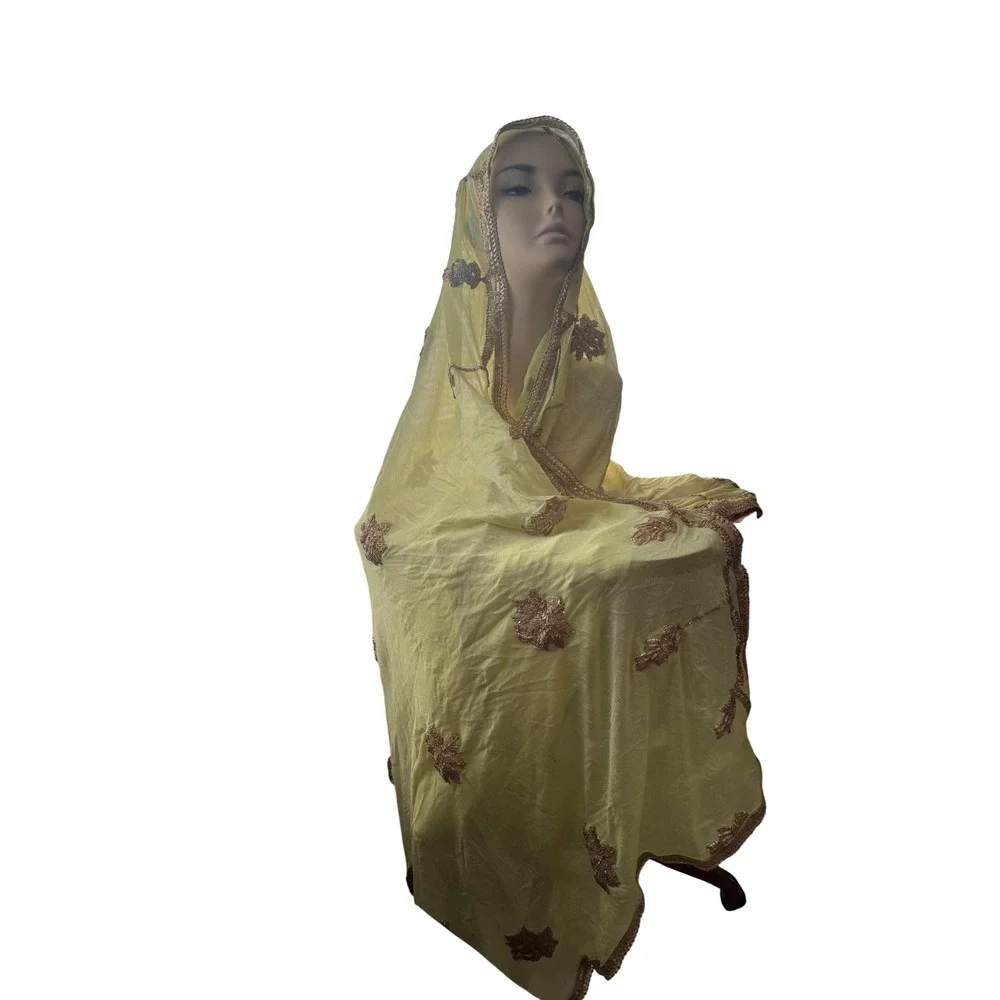 Yellow Gold Embroidered Dupatta Scarf Metallic Lace Wrap Vintage 32x80